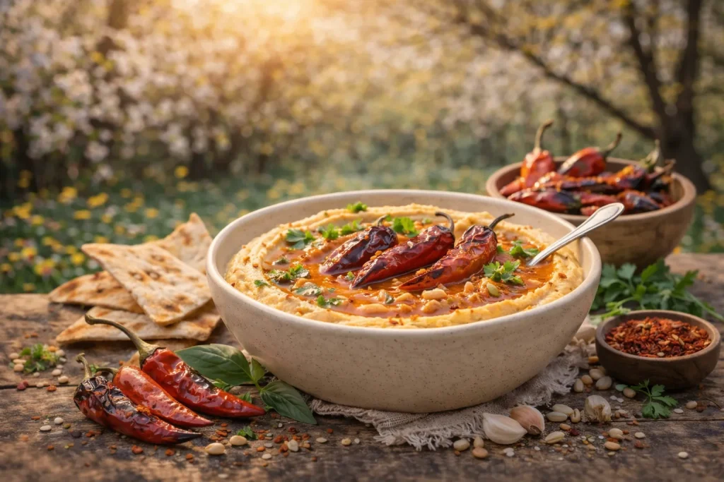 Humus s Pečenim Ljutim Papričicama – Dimljena Pikantna Varijanta Bogatog Okusa