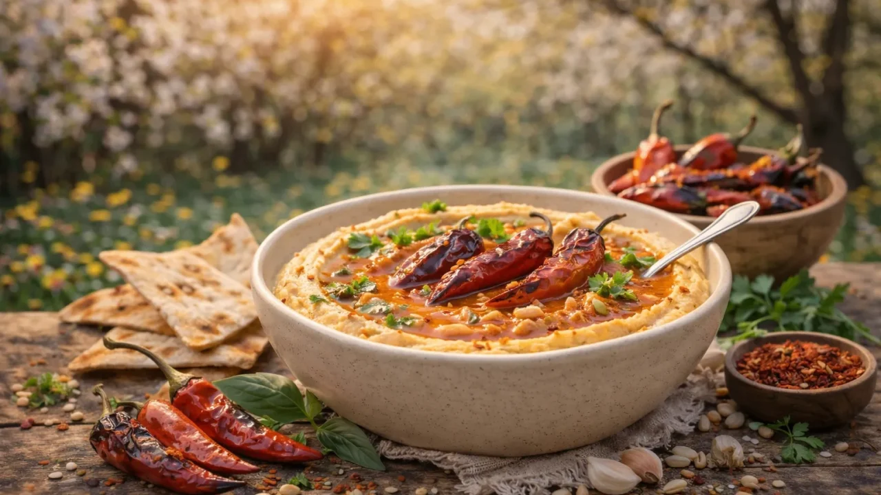 Humus s Pečenim Ljutim Papričicama – Dimljena Pikantna Varijanta Bogatog Okusa