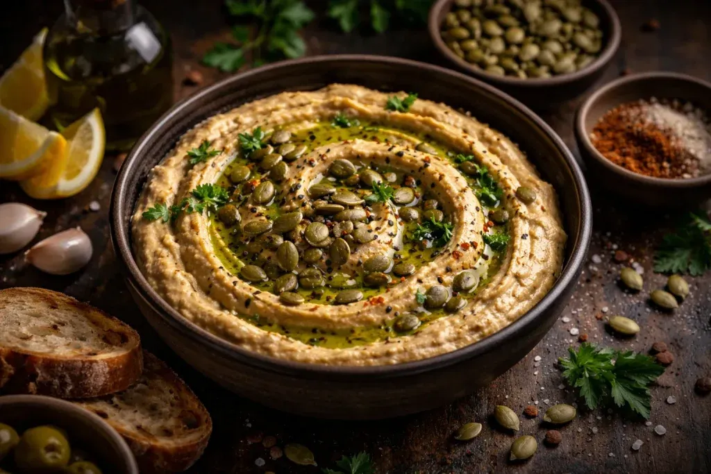 Humus s Bučinim Uljem i Sjemenkama – Tamnija Gurmanska Varijanta Bogate Teksture