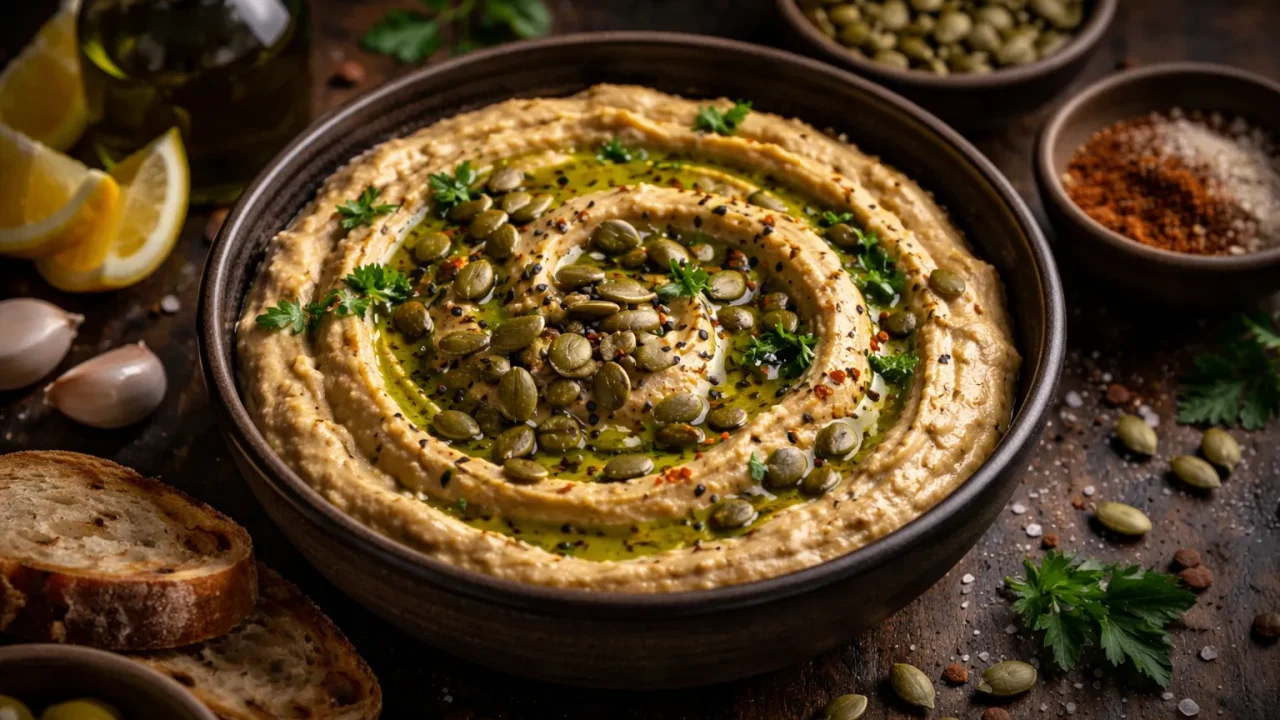 Humus s Bučinim Uljem i Sjemenkama – Tamnija Gurmanska Varijanta Bogate Teksture