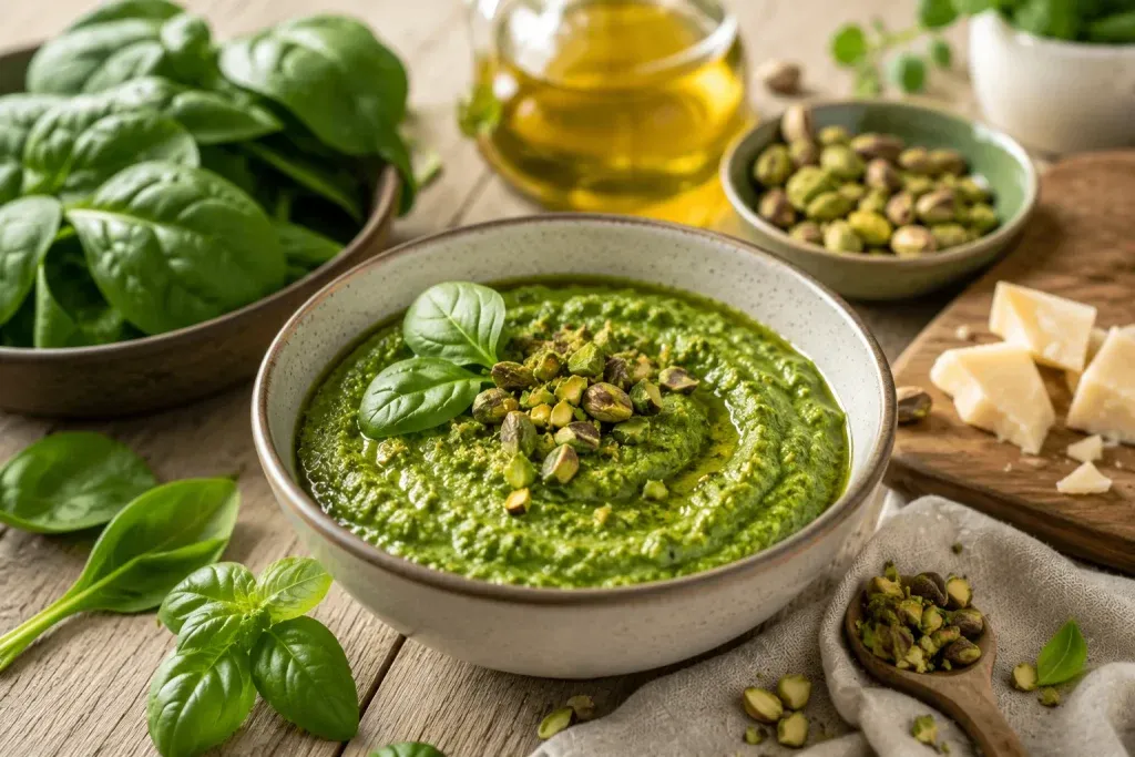 Zeleni Pesto od Špinata i Pistacija – Nježna Kremasta Tekstura s Orašastom Aromom