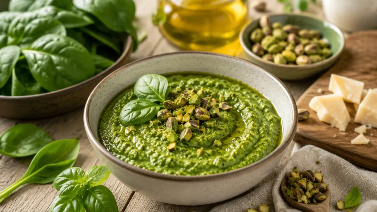 Zeleni Pesto od Špinata i Pistacija – Nježna Kremasta Tekstura s Orašastom Aromom
