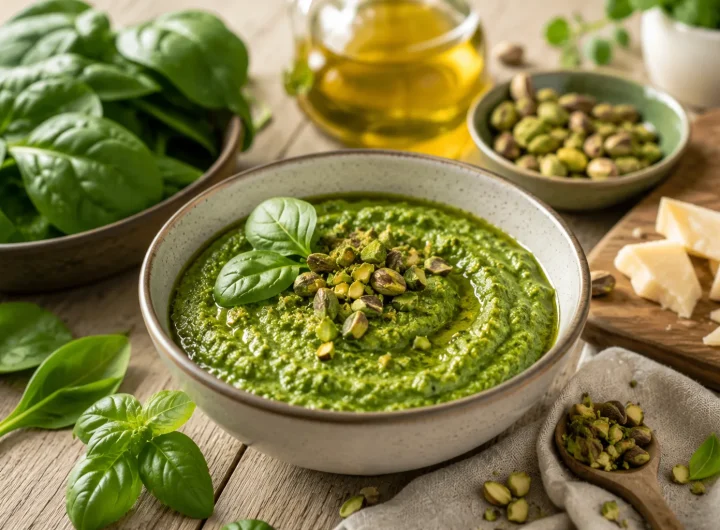 Zeleni Pesto od Špinata i Pistacija – Nježna Kremasta Tekstura s Orašastom Aromom