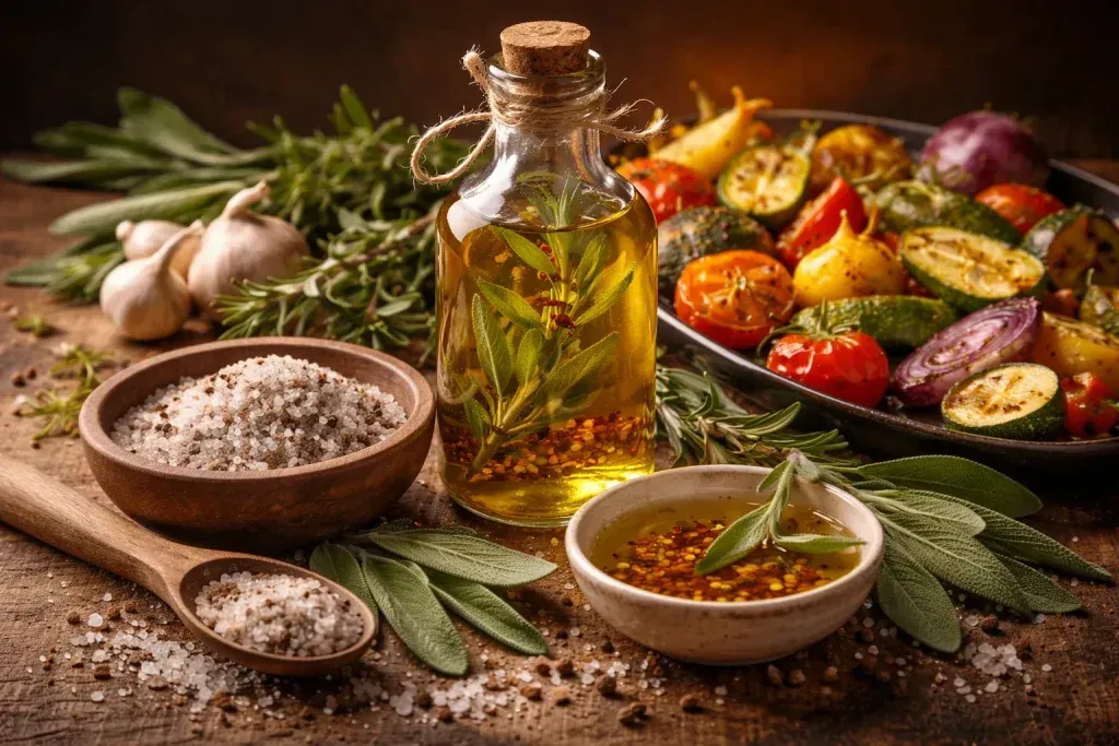 Maslinovo Ulje s Dimljenom Soli i Kaduljom – Topla Rustikalna Kombinacija za Pečeno Povrće