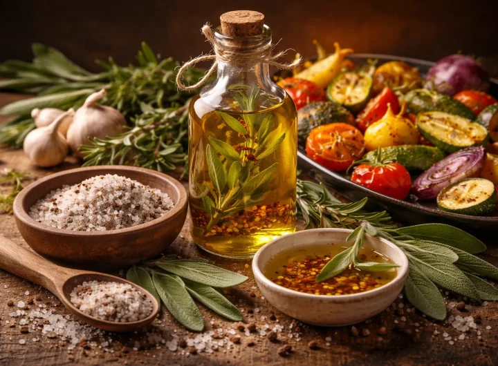 Maslinovo Ulje s Dimljenom Soli i Kaduljom – Topla Rustikalna Kombinacija za Pečeno Povrće