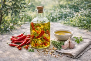 Maslinovo Ulje s Ljutim Papričicama i Češnjakom – Snažna Pikantna Aroma za Pizzu, Tjesteninu i Pečeno Povrće