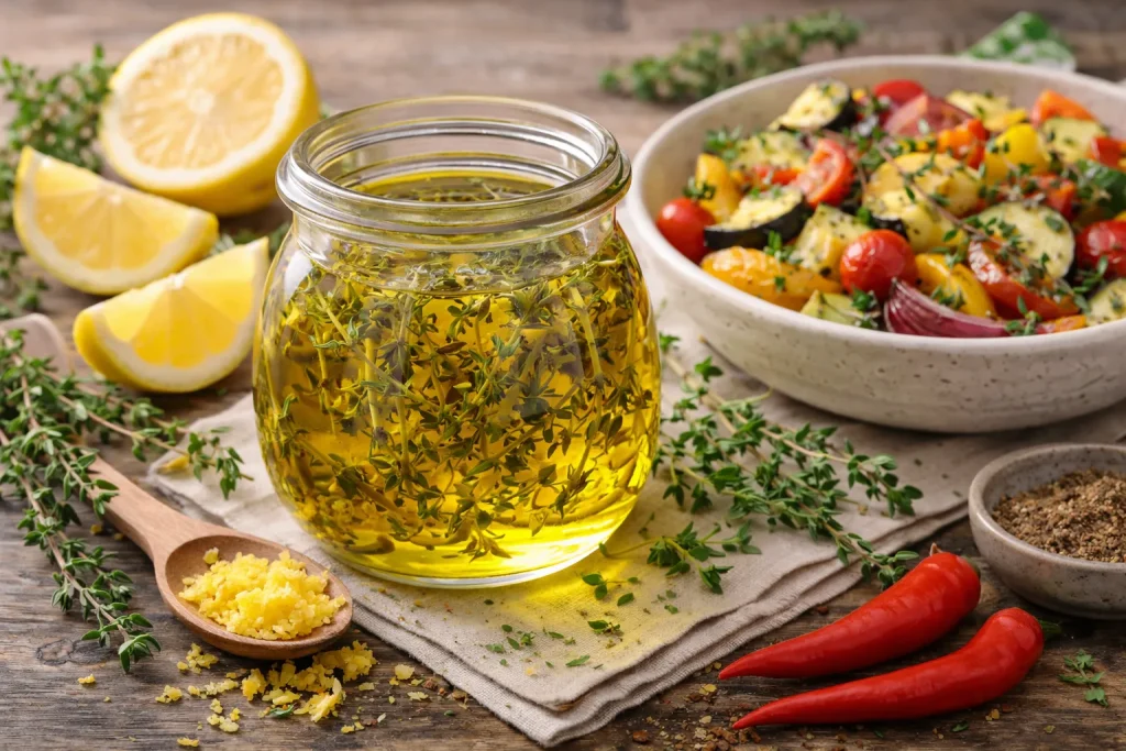 Maslinovo Ulje s Timijanom i Limunovom Koricom – Suptilna Citrusna Svježina za Pečeno Povrće i Lagane Salate