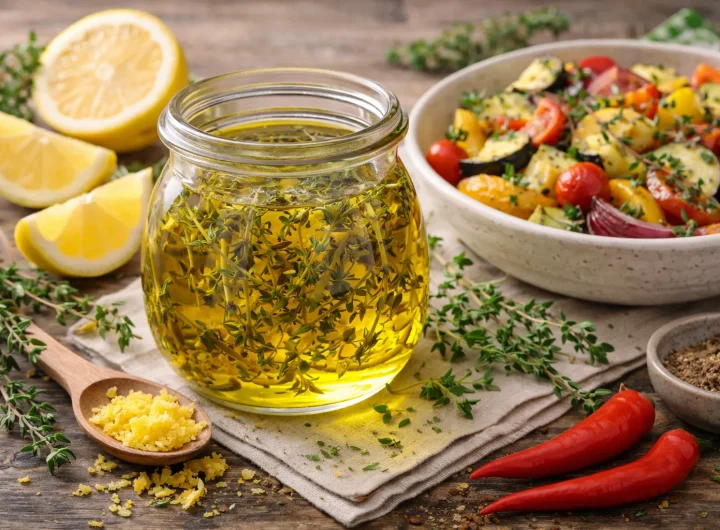 Maslinovo Ulje s Timijanom i Limunovom Koricom – Suptilna Citrusna Svježina za Pečeno Povrće i Lagane Salate