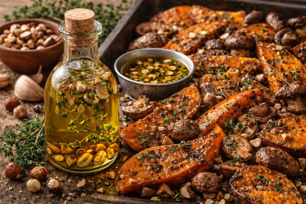 Maslinovo Ulje s Prženim Lješnjacima i Timijanom – Orašasta Nota s Aromatičnom Dubinom za Batat i Gljive