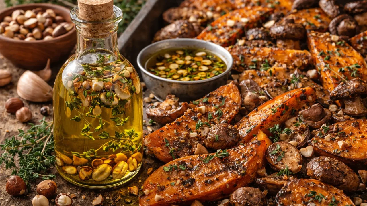 Maslinovo Ulje s Prženim Lješnjacima i Timijanom – Orašasta Nota s Aromatičnom Dubinom za Batat i Gljive