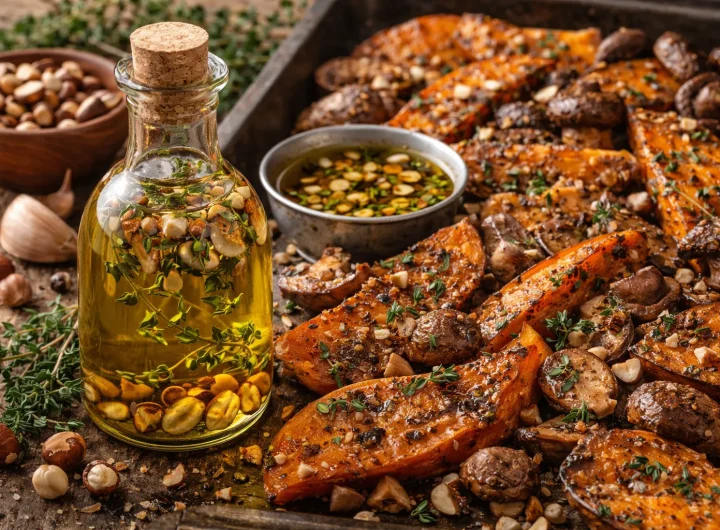 Maslinovo Ulje s Prženim Lješnjacima i Timijanom – Orašasta Nota s Aromatičnom Dubinom za Batat i Gljive