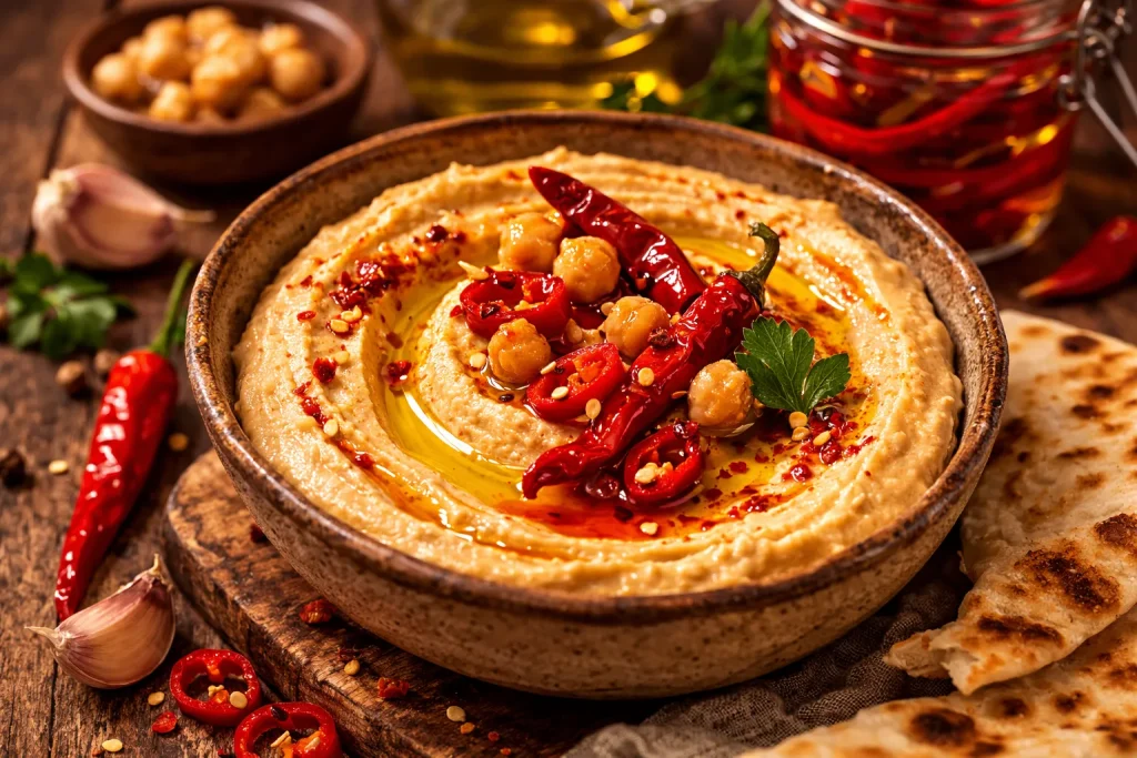 Humus s Fermentiranim Ljutim Papričicama – Duboka Aromatična Verzija s Prirodnom Umami Notom