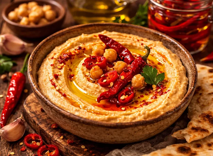 Humus s Fermentiranim Ljutim Papričicama – Duboka Aromatična Verzija s Prirodnom Umami Notom