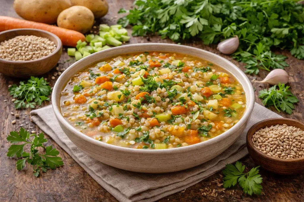 Juha od Ječma i Povrća – Starinska Juha Bogate Teksture i Prirodne Slatkoće