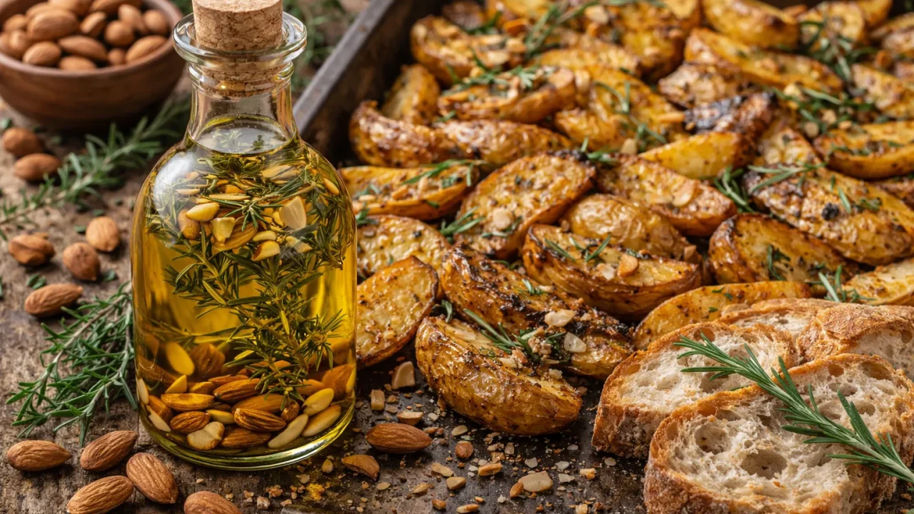 Maslinovo Ulje s Tostiranim Bademima i Ružmarinom – Elegantna Aroma za Pečeni Krumpir i Domaći Kruh