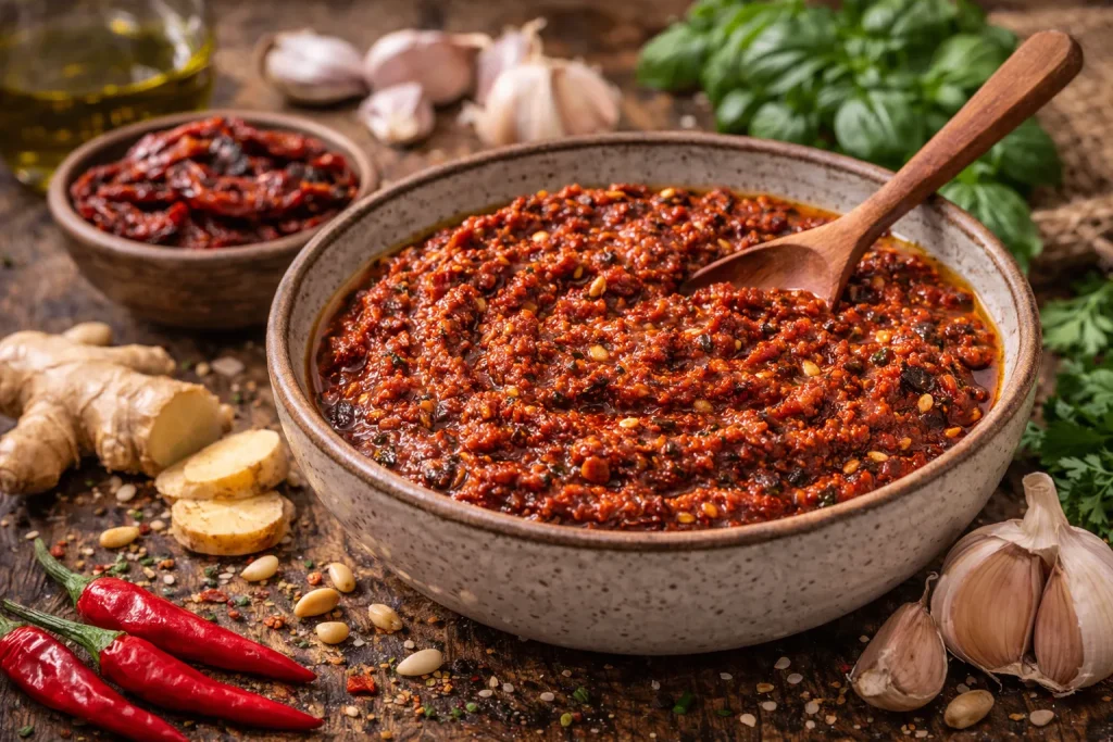 Crveni Pesto od Sušene Rajčice i Češnjaka – Intenzivan Umak Punog Okusa