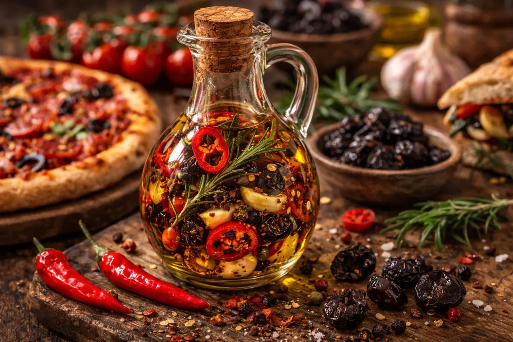 Maslinovo Ulje s Feferonima i Sušenim Maslinama – Pikantna Mediteranska Nota za Pizzu, Sendviče i Salate