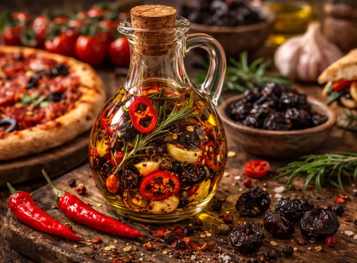 Maslinovo Ulje s Feferonima i Sušenim Maslinama – Pikantna Mediteranska Nota za Pizzu, Sendviče i Salate