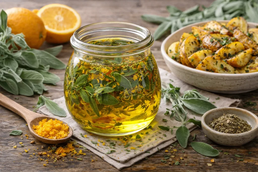 Maslinovo Ulje s Kaduljom i Narančinom Koricom – Topla Aromatična Kombinacija za Krumpir i Jesenska Jela