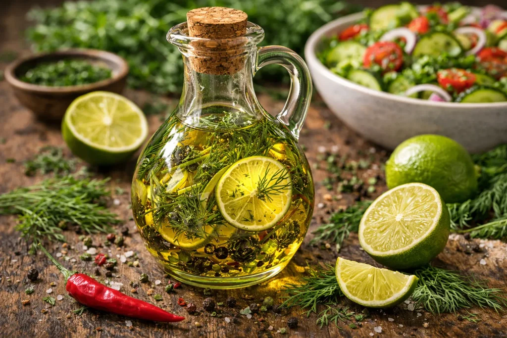 Maslinovo Ulje s Koprom i Limetom – Lagani i Osvježavajući Profil za Salate i Hladna Jela