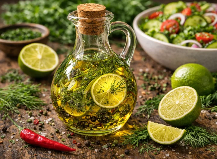 Maslinovo Ulje s Koprom i Limetom – Lagani i Osvježavajući Profil za Salate i Hladna Jela