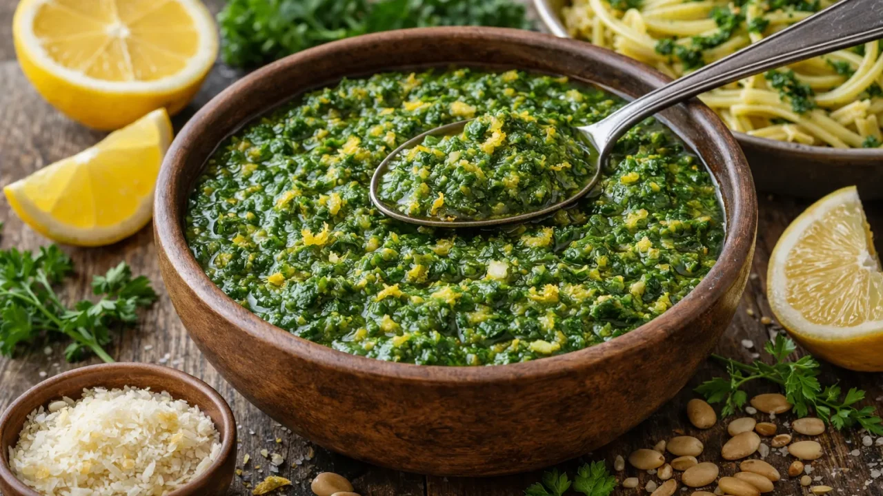 Zeleni Pesto od Peršina i Limunove Korice – Osvježavajući Umak za Tjesteninu i Namaze