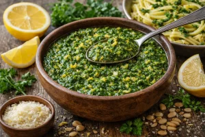Zeleni Pesto od Peršina i Limunove Korice – Osvježavajući Umak za Tjesteninu i Namaze