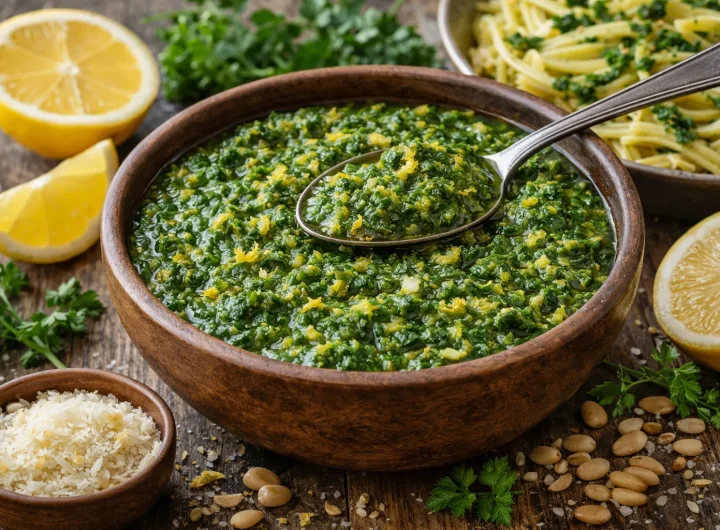 Zeleni Pesto od Peršina i Limunove Korice – Osvježavajući Umak za Tjesteninu i Namaze