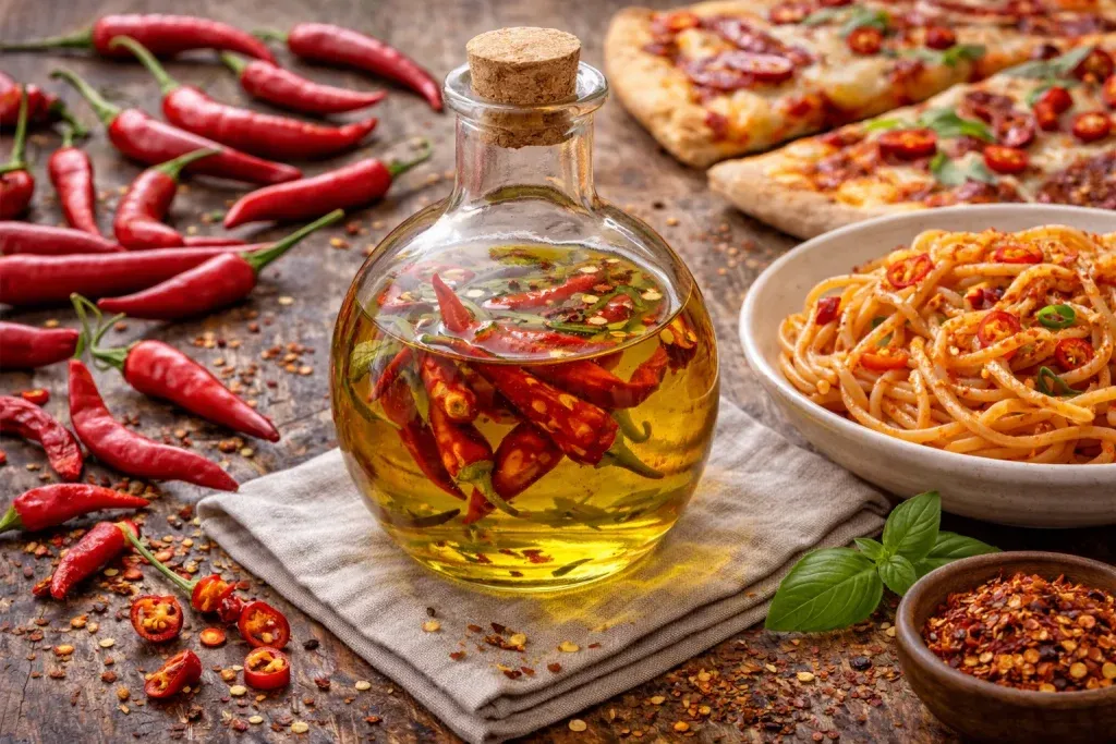 Maslinovo Ulje s Ljutim Papričicama – Čista Pikantna Snaga za Pizzu, Tjesteninu i Pečeno Povrće