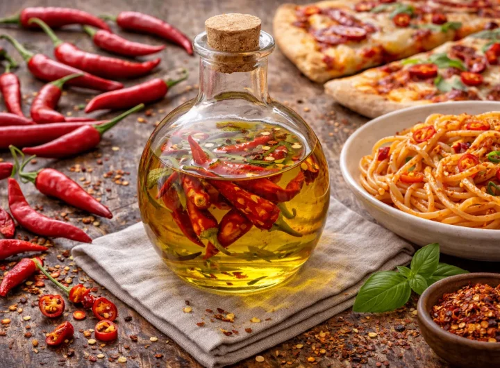 Maslinovo Ulje s Ljutim Papričicama – Čista Pikantna Snaga za Pizzu, Tjesteninu i Pečeno Povrće
