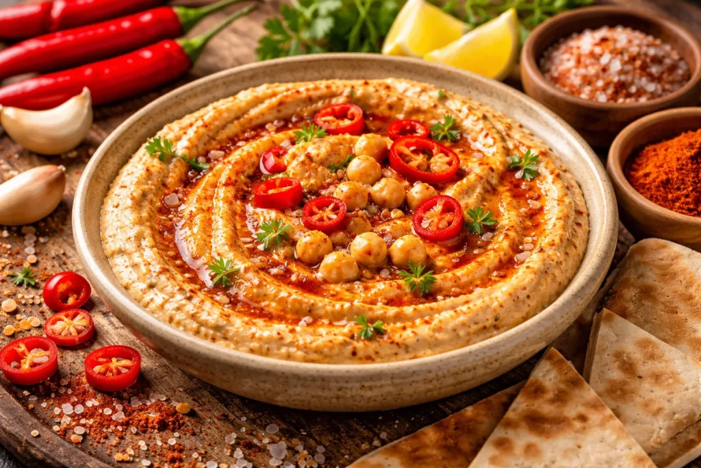 Humus s Ljutim Papričicama i Dimljenom Soli – Intenzivna Kremasta Kombinacija Začinskog Karaktera