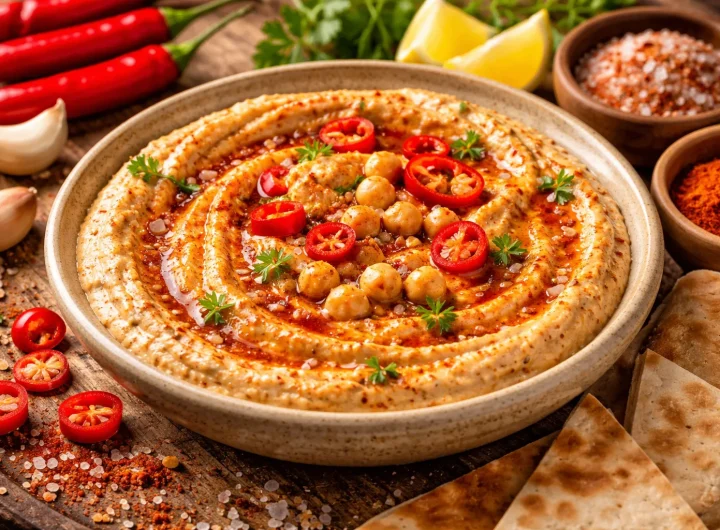Humus s Ljutim Papričicama i Dimljenom Soli – Intenzivna Kremasta Kombinacija Začinskog Karaktera