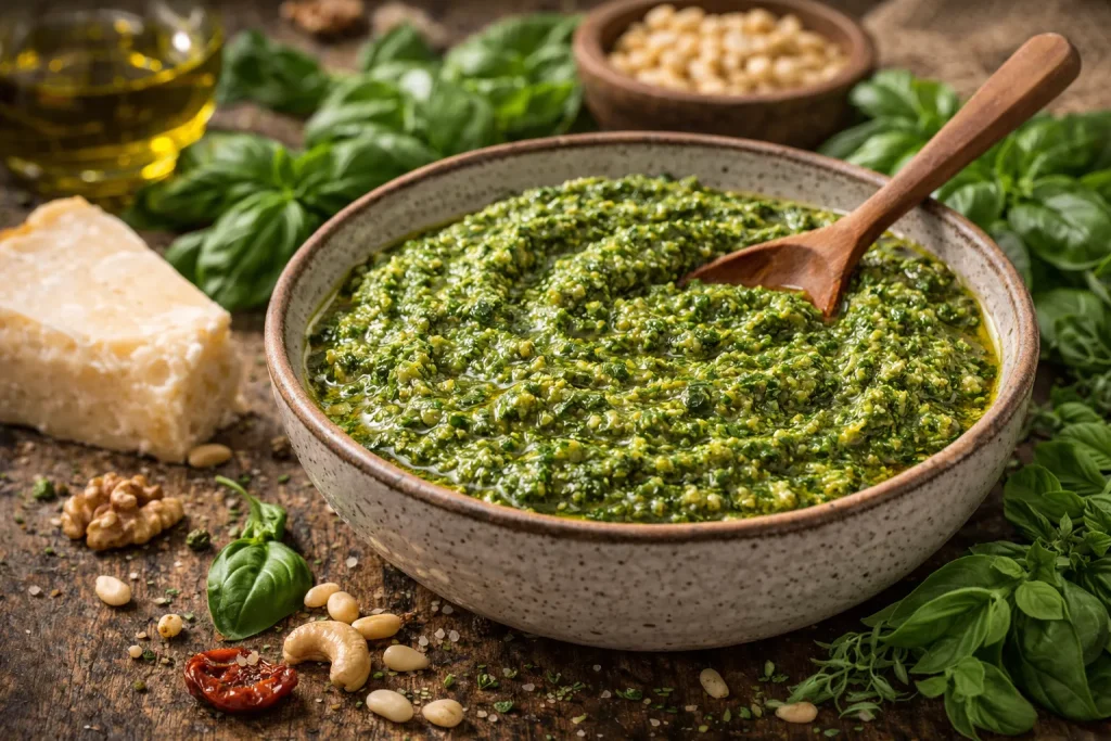 Zeleni Pesto od Bosiljka i Orašastih Plodova – Svježa Mediteranska Klasika