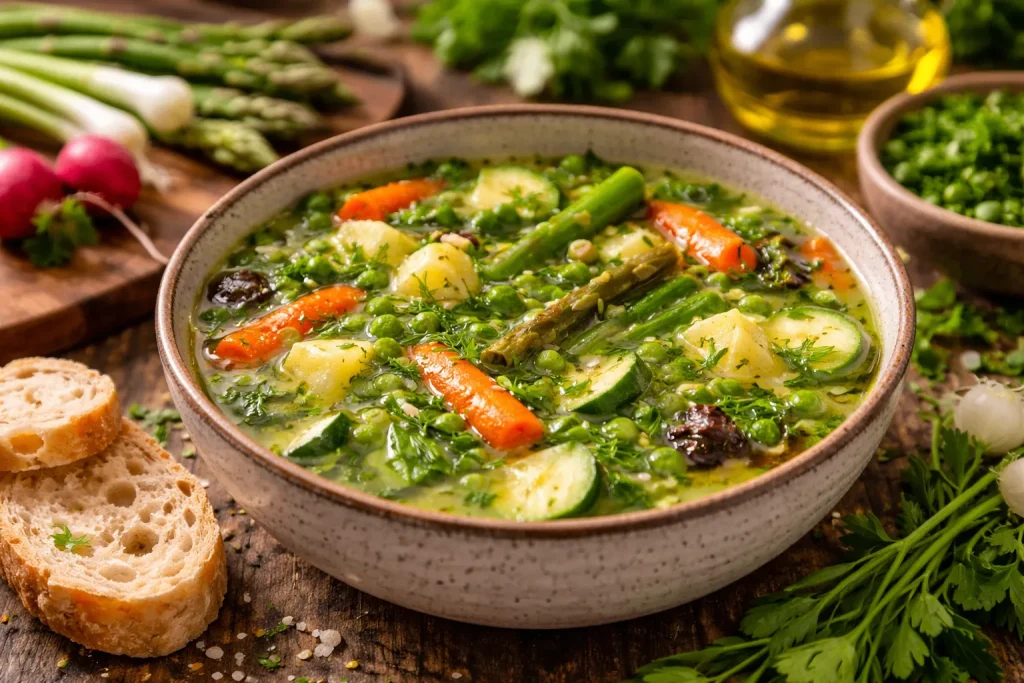 Lagana Proljetna Juha od Mladog Povrća i Svježeg Začinskog Bilja