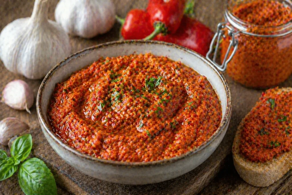Crveni Pesto od Ljute Paprike i Češnjaka – Pikantna Kremasta Pasta Začinskog Karaktera
