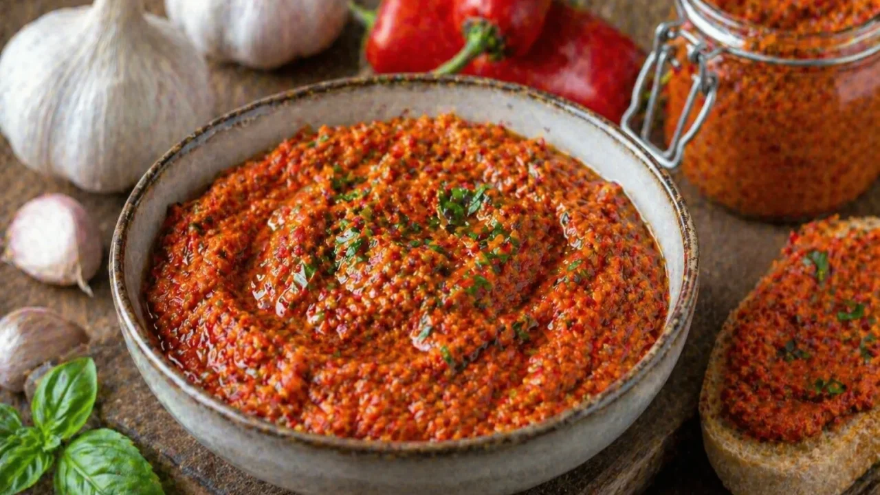 Crveni Pesto od Ljute Paprike i Češnjaka – Pikantna Kremasta Pasta Začinskog Karaktera