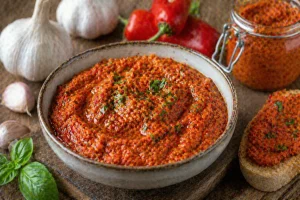 Crveni Pesto od Ljute Paprike i Češnjaka – Pikantna Kremasta Pasta Začinskog Karaktera