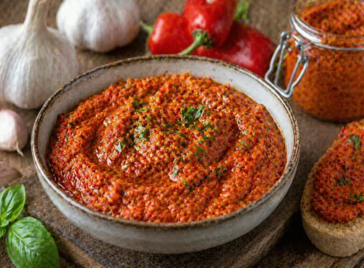 Crveni Pesto od Ljute Paprike i Češnjaka – Pikantna Kremasta Pasta Začinskog Karaktera