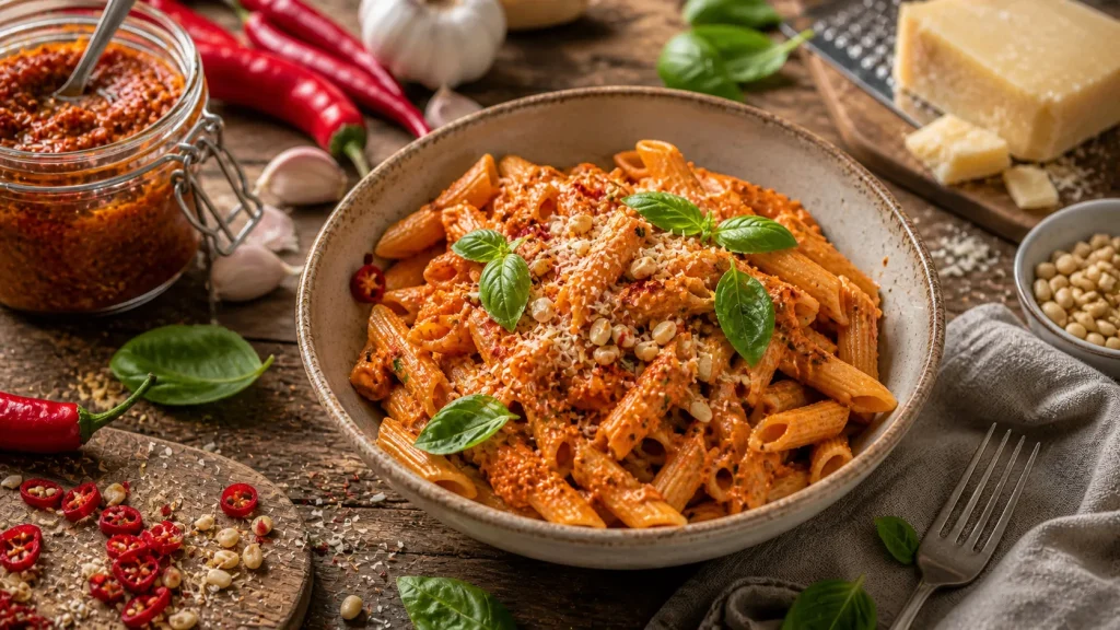 Crveni Pesto od Ljute Paprike i Češnjaka – Pikantna Kremasta Pasta Začinskog Karaktera
