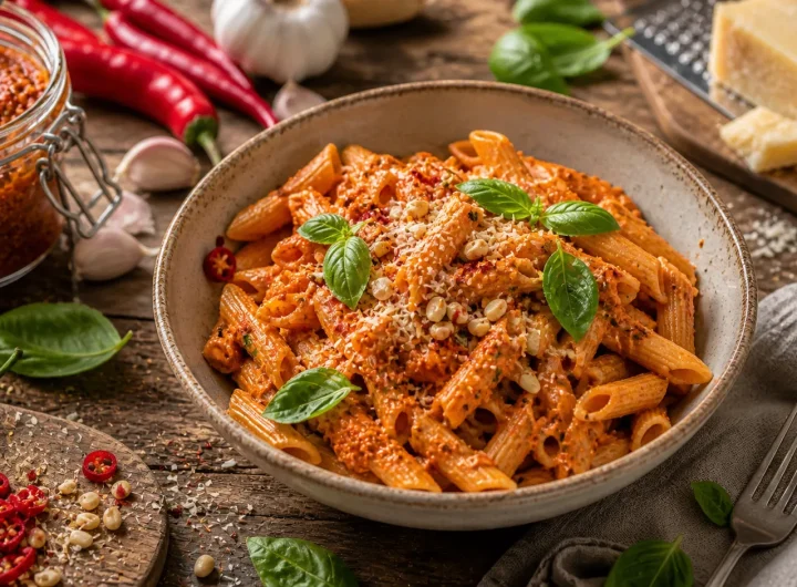 Crveni Pesto od Ljute Paprike i Češnjaka – Pikantna Kremasta Pasta Začinskog Karaktera