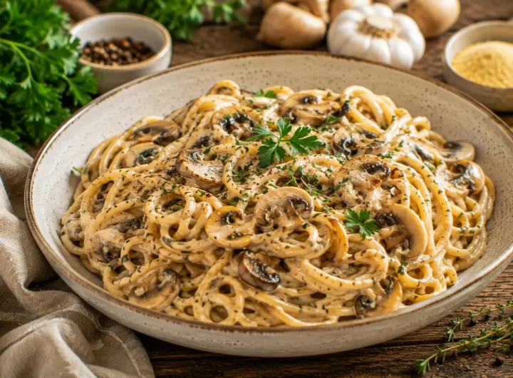 Kremasta Veganska Tjestenina s Gljivama i Biljnim Umakom