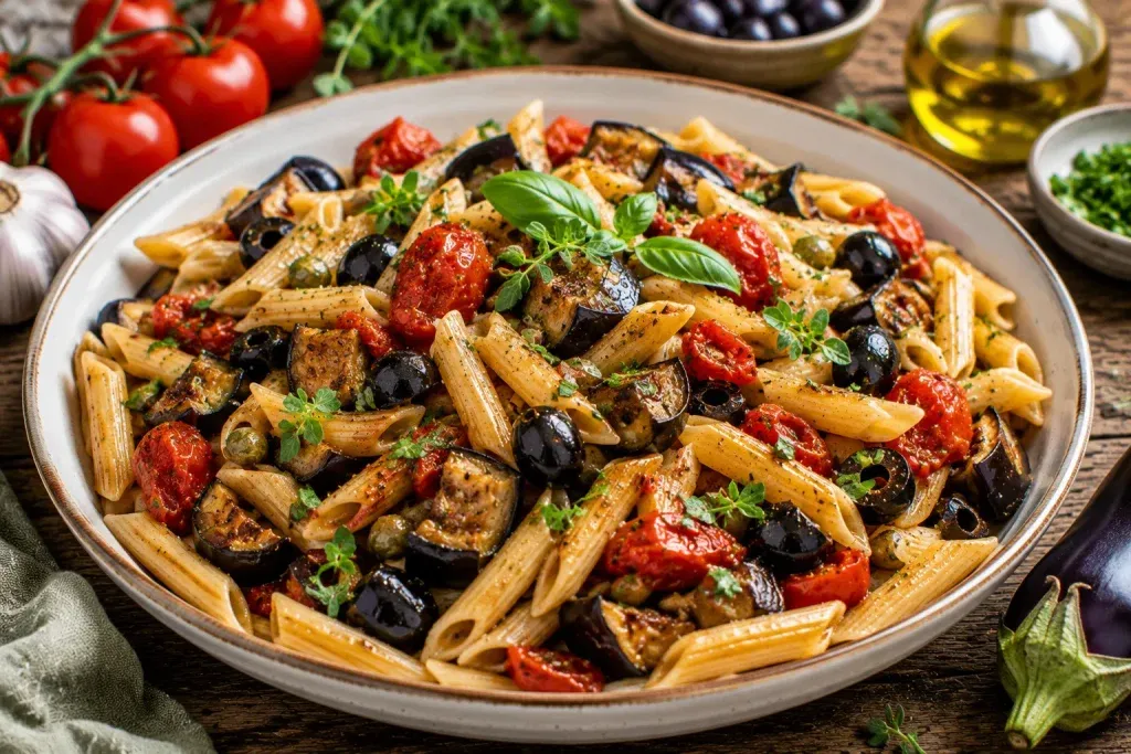 Mediteranska Tjestenina s Patlidžanom, Rajčicama i Maslinama
