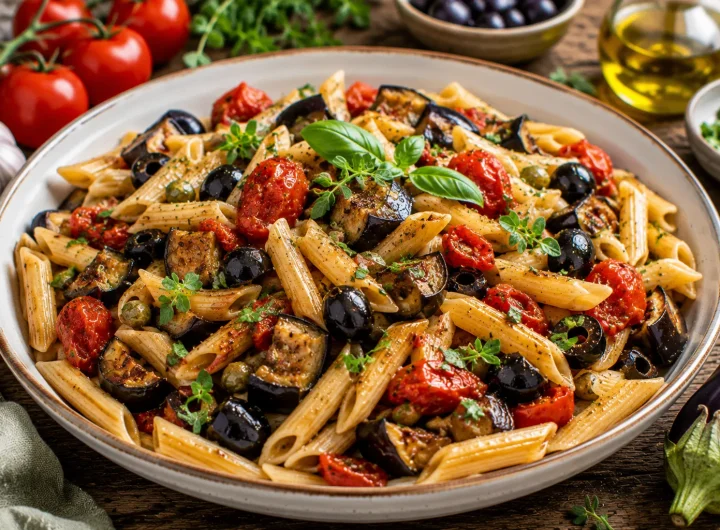 Mediteranska Tjestenina s Patlidžanom, Rajčicama i Maslinama