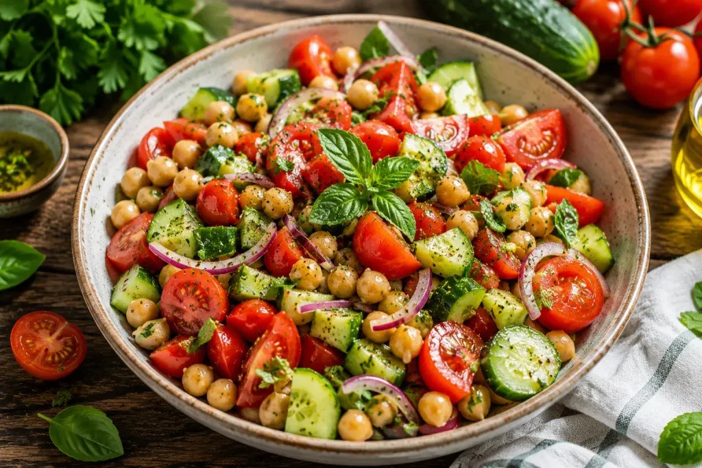 Hladna Salata od Rajčica, Krastavaca i Slanutka za Tople Dane