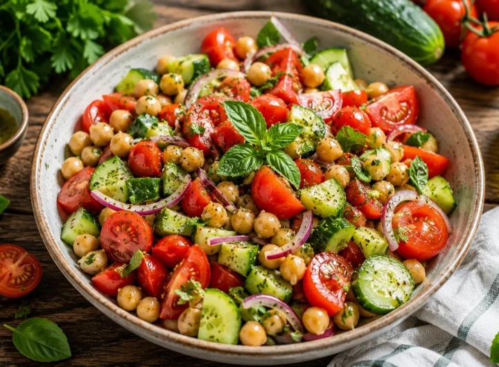 Hladna Salata od Rajčica, Krastavaca i Slanutka za Tople Dane