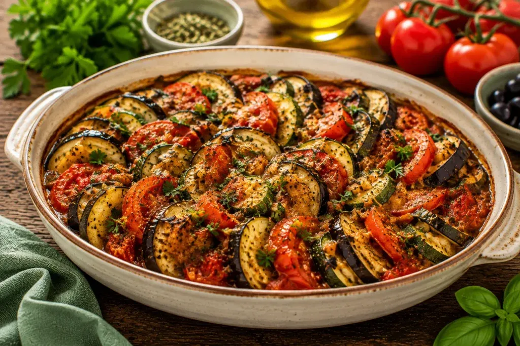 Mediteranski Složenac od Patlidžana, Tikvica i Rajčica