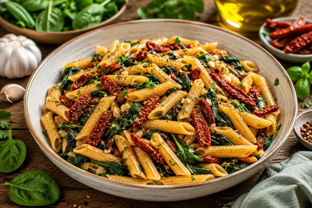 Veganska Tjestenina sa Sušenim Rajčicama i Špinatom
