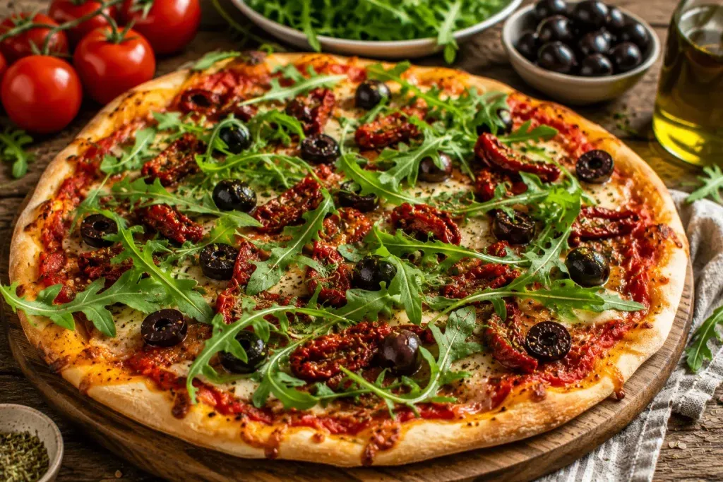 Pizza sa Sušenim Rajčicama, Maslinama i Rikulom