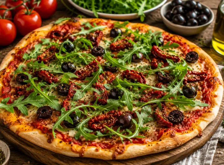 Pizza sa Sušenim Rajčicama, Maslinama i Rikulom